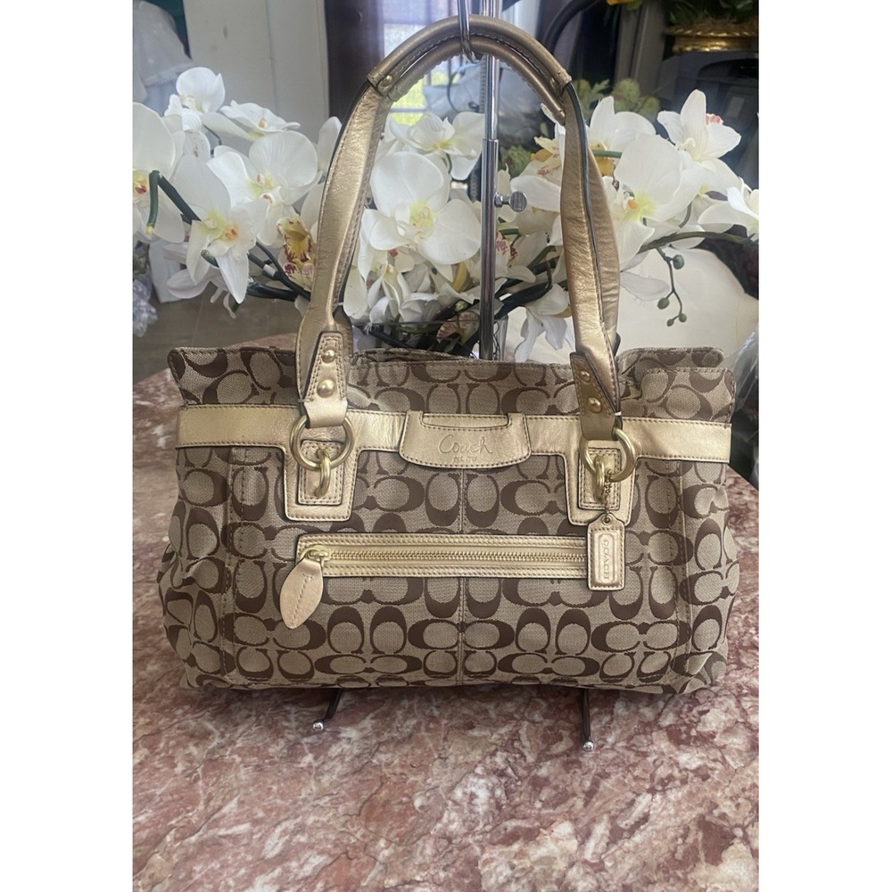 Coach Penelope Sig. Khaki/Metallic Gold Leather Shoulder Handbag F14692 EUC $298